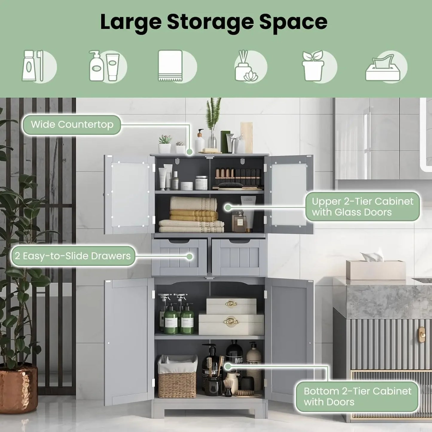 Floor Storage Cabinet, Freestanding Bathroom Cabinet, Tall Storage Organizer Cupboard for Kitchen Living Room