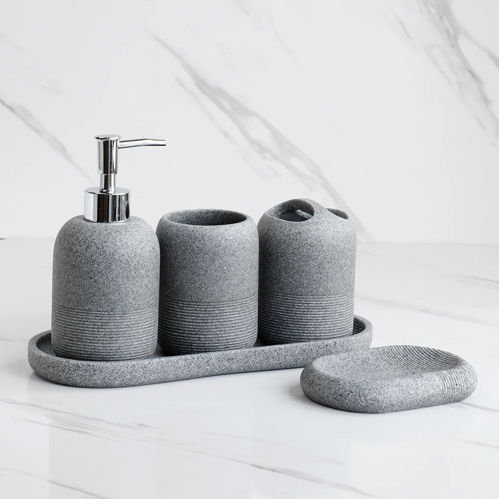 5Pcs athroom Accessories set Lotion Dispenser Toothbrush Holder Tray Tumbler Cup Soap Dish Beige and Grey