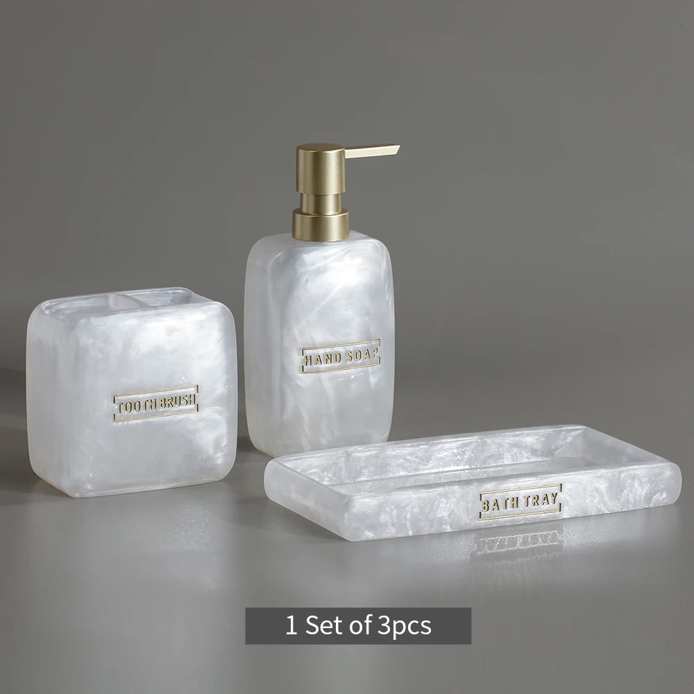 Bathroom Accessories White Pearl Look Bathroom Vanity Countertop Accessory Set,Soap Dispenser,Toothbrush Holder Set,Tray