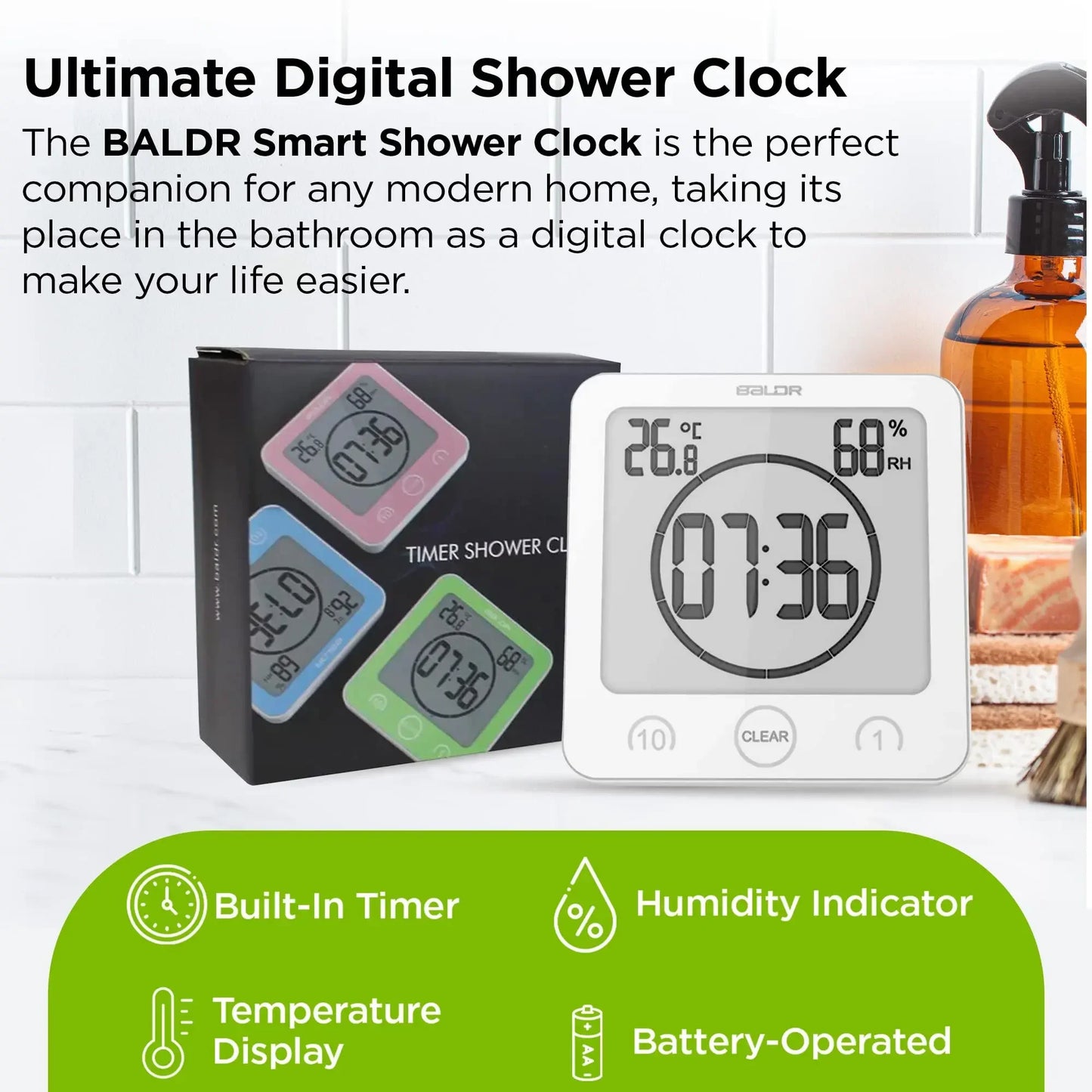 Digital Bathroom Wall Clock Timer,Waterproof for Water Spray,Touch Screen watch,Temperature Humidity wall clock for Shower room
