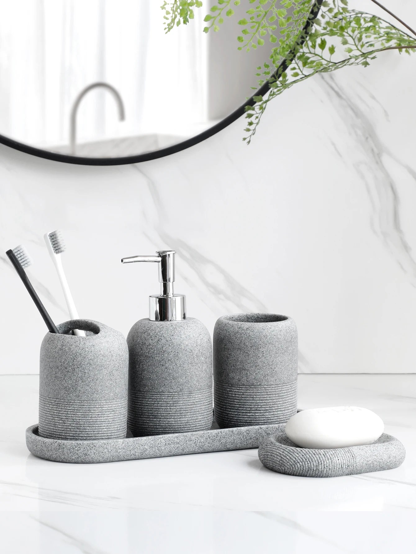 5Pcs athroom Accessories set Lotion Dispenser Toothbrush Holder Tray Tumbler Cup Soap Dish Beige and Grey