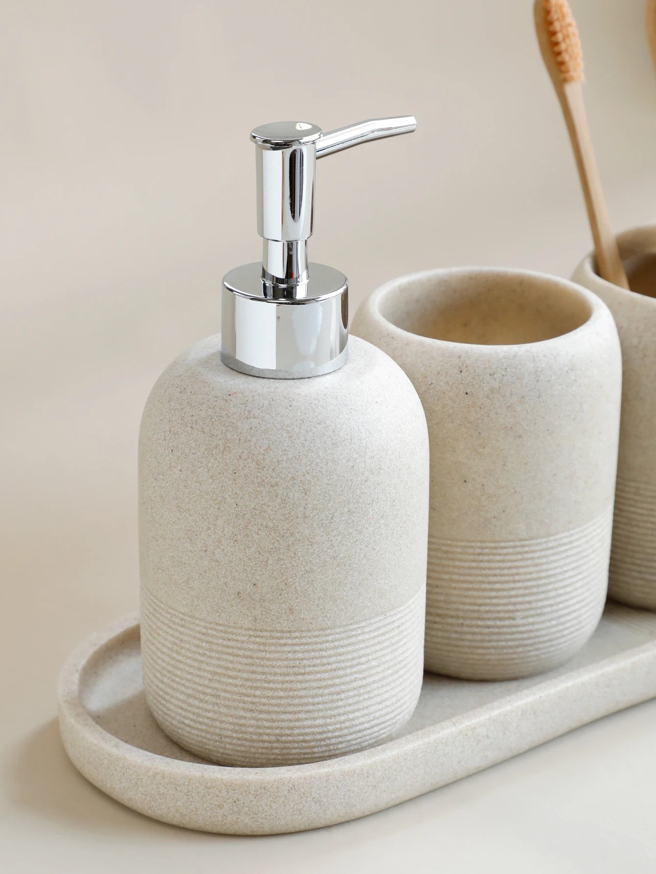 5Pcs athroom Accessories set Lotion Dispenser Toothbrush Holder Tray Tumbler Cup Soap Dish Beige and Grey
