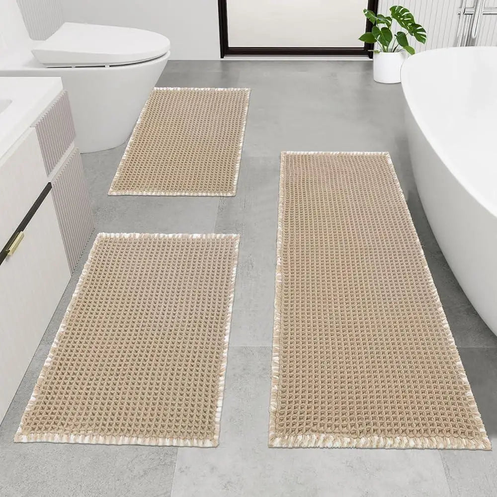 Thick Soft Bathroom Rugs Set 3 Piece Non Slip Absorbent Waffle Floor Mats Shower and Home Decor