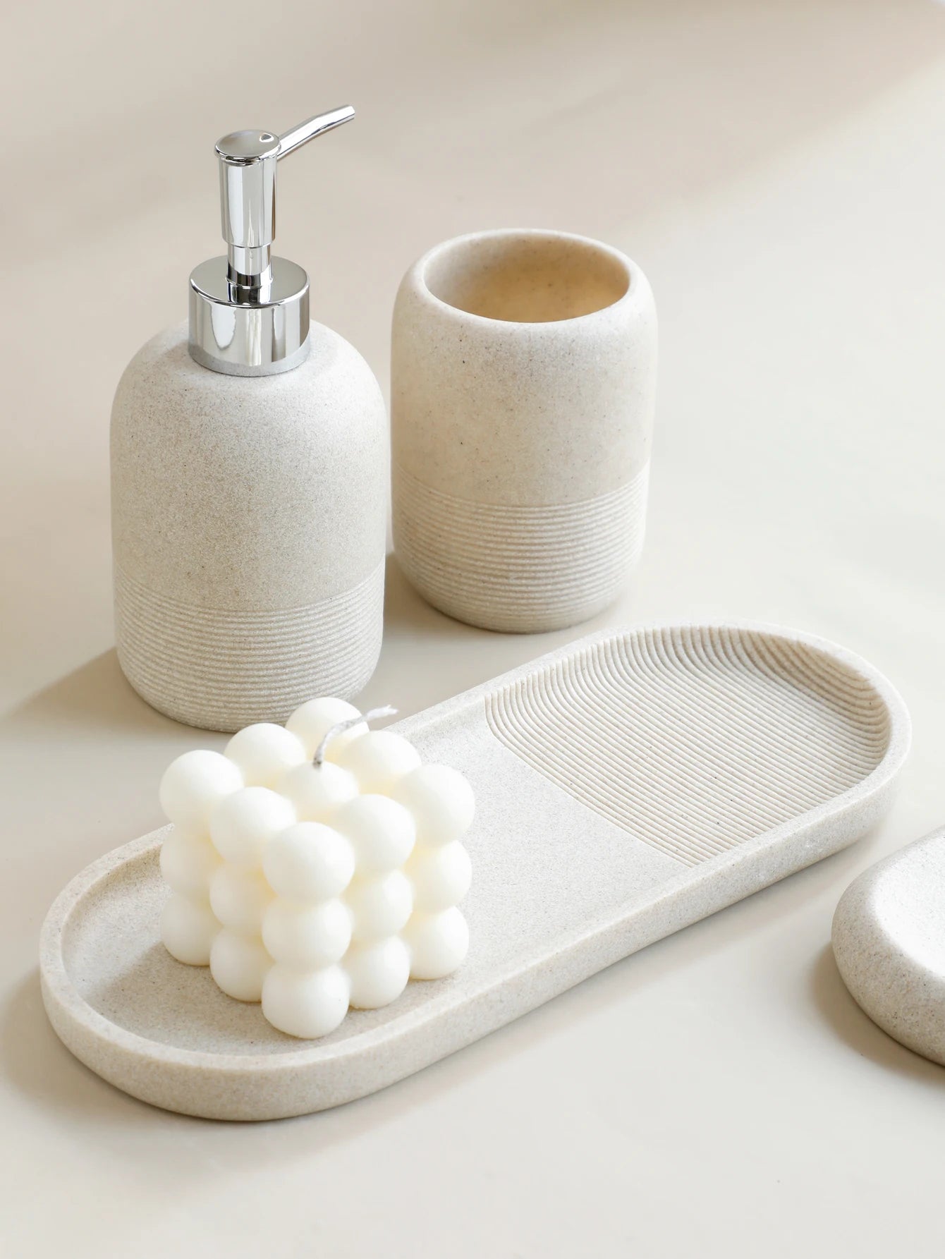 5Pcs athroom Accessories set Lotion Dispenser Toothbrush Holder Tray Tumbler Cup Soap Dish Beige and Grey