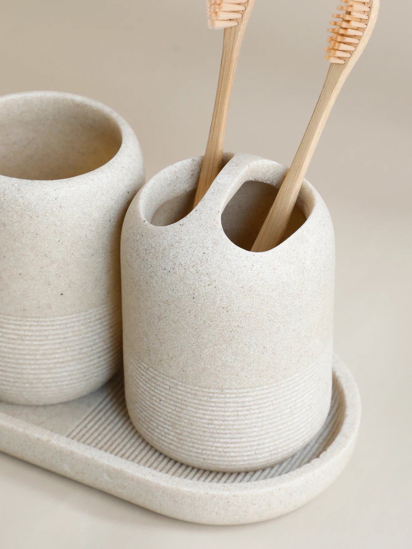 5Pcs athroom Accessories set Lotion Dispenser Toothbrush Holder Tray Tumbler Cup Soap Dish Beige and Grey