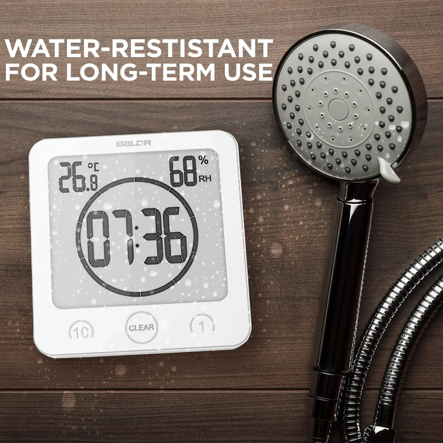Digital Bathroom Wall Clock Timer,Waterproof for Water Spray,Touch Screen watch,Temperature Humidity wall clock for Shower room