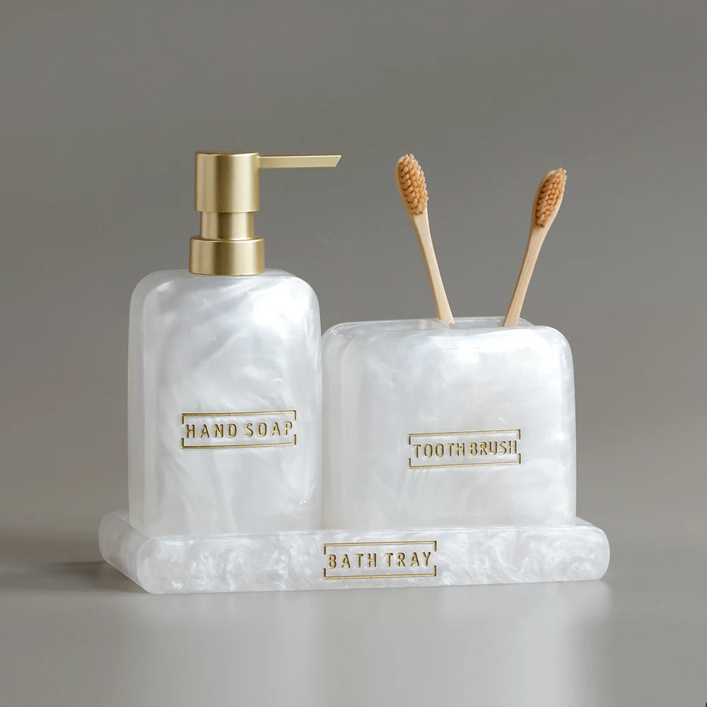 Bathroom Accessories White Pearl Look Bathroom Vanity Countertop Accessory Set,Soap Dispenser,Toothbrush Holder Set,Tray