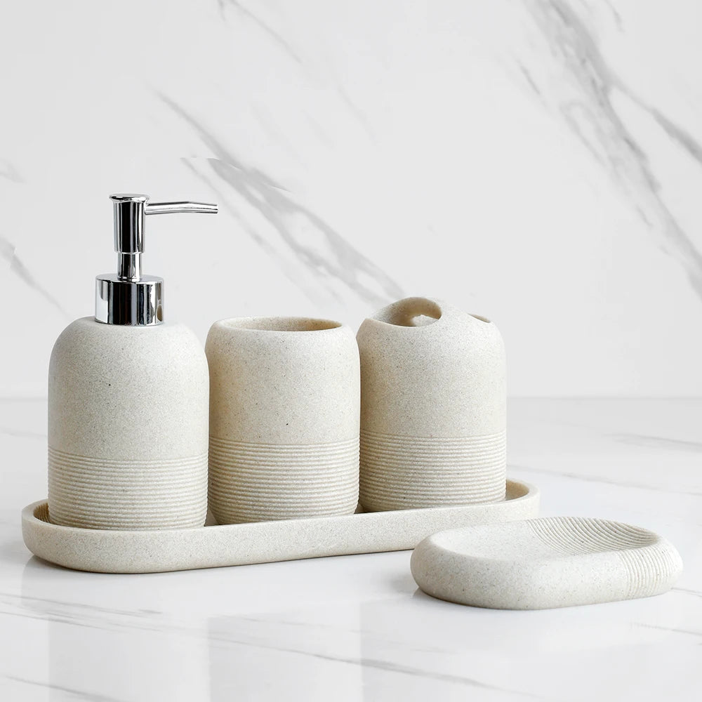 5Pcs athroom Accessories set Lotion Dispenser Toothbrush Holder Tray Tumbler Cup Soap Dish Beige and Grey