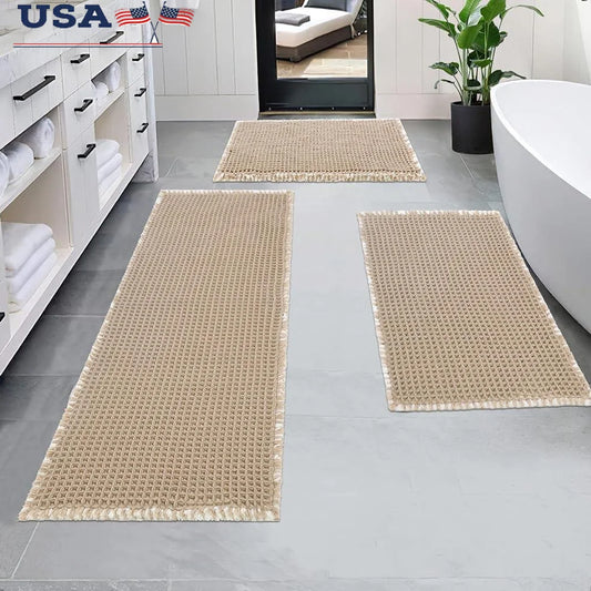 Thick Soft Bathroom Rugs Set 3 Piece Non Slip Absorbent Waffle Floor Mats Shower and Home Decor