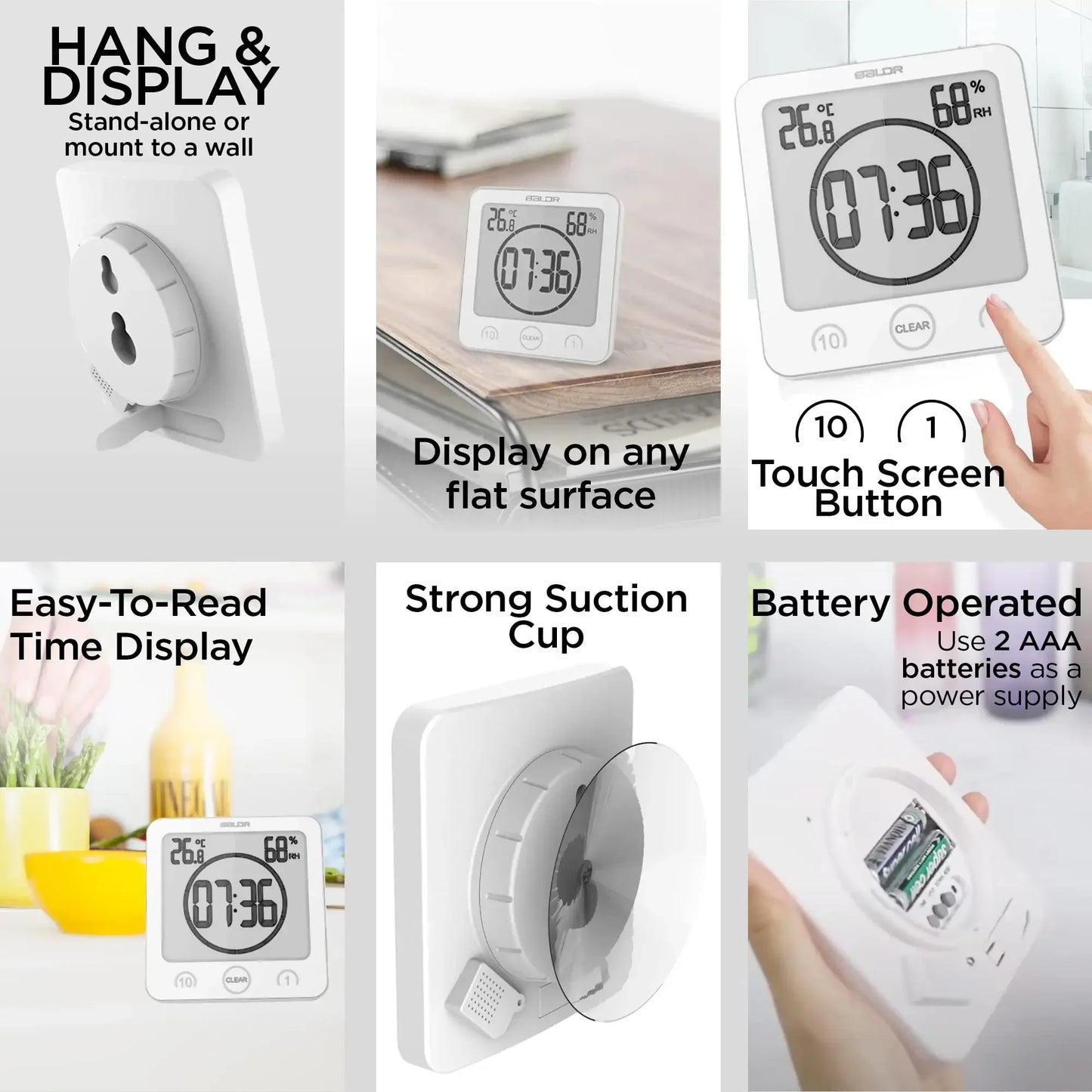 Digital Bathroom Wall Clock Timer,Waterproof for Water Spray,Touch Screen watch,Temperature Humidity wall clock for Shower room